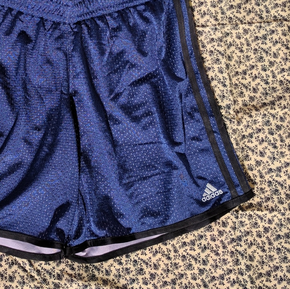 Adidas mesh workout shorts, blue with light purple